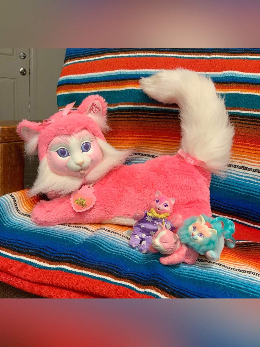 Vintage 1992 Hasbro Kitty Surprise Pink White Stuffed Cat Plush Mom 3 Babies